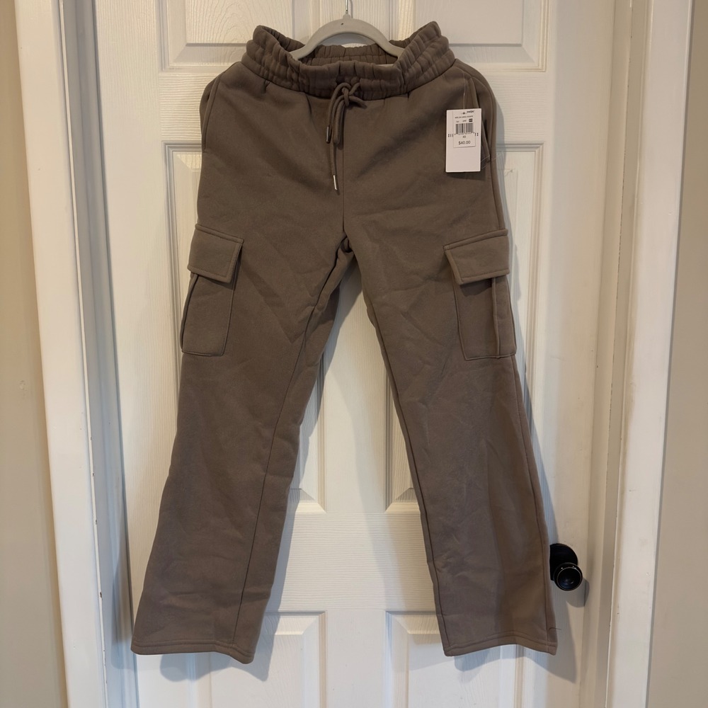 Seeking Sunsets Womens Wide Leg Cargo Joggers Taupe Brown Sweatpants XS NEW